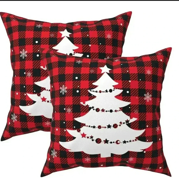 Christmas Farmhouse Buffalo Red Black Plaid Tree Accent Pillow Covers Set Of 2 - Picture 1 of 6